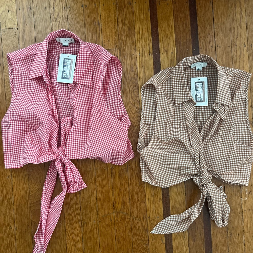 NWT HYFVE crop gingham wrap top sleeveless red brown checkered L large country